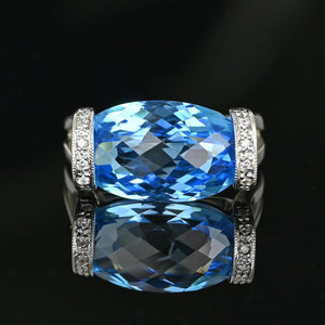 14K White Gold Checkerboard Blue Topaz Diamond East West Ring - Boylerpf