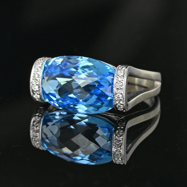 14K White Gold Checkerboard Blue Topaz Diamond East West Ring - Boylerpf