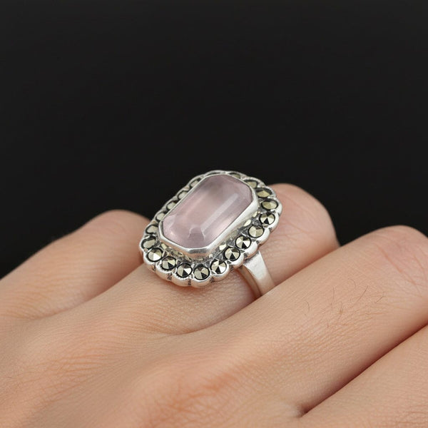 Vintage Sterling Silver Rose Quartz Marcasite Ring - Boylerpf