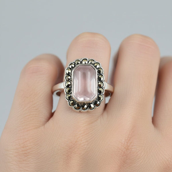 Vintage Sterling Silver Rose Quartz Marcasite Ring - Boylerpf