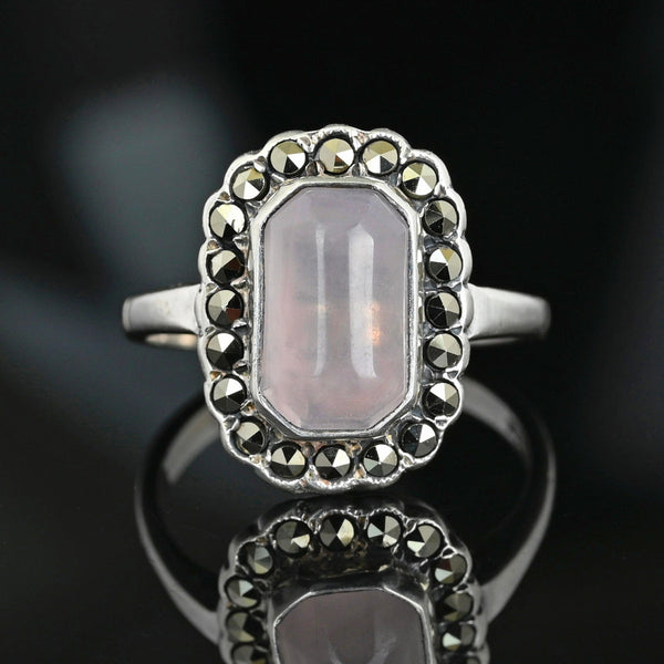 Vintage Sterling Silver Rose Quartz Marcasite Ring - Boylerpf