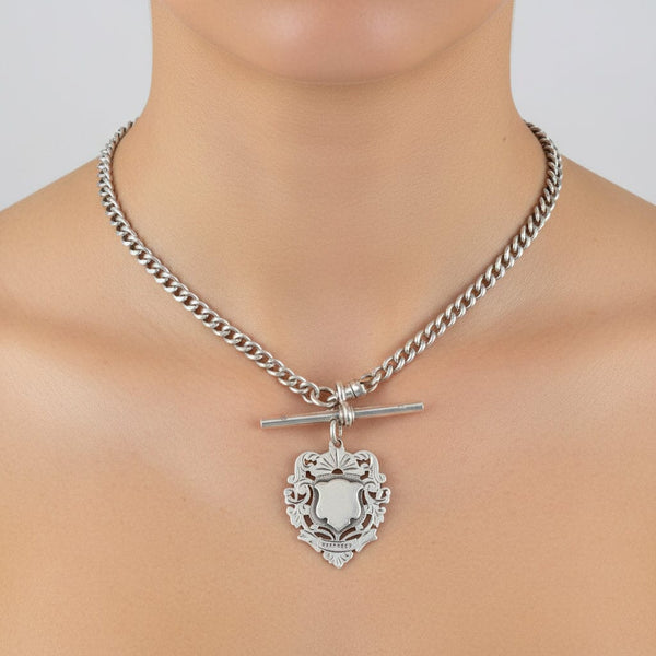 Antique Victorian Albert Silver Watch Chain Necklace and Fob - Boylerpf