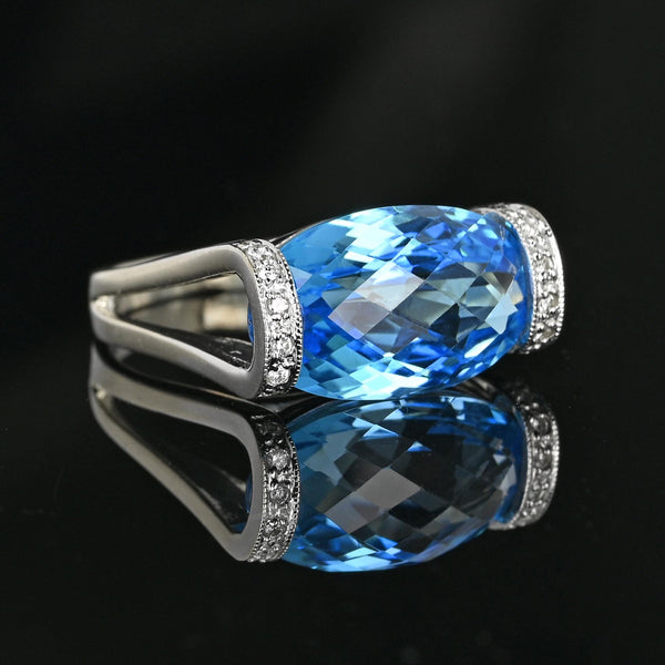 14K White Gold Checkerboard Blue Topaz Diamond East West Ring - Boylerpf