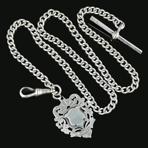 Antique Victorian Albert Silver Watch Chain Necklace and Fob - Boylerpf