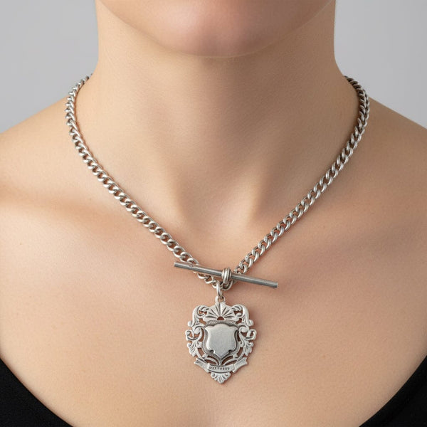 Antique Victorian Albert Silver Watch Chain Necklace and Fob - Boylerpf