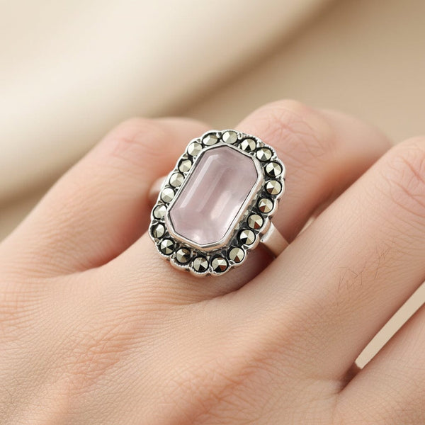Vintage Sterling Silver Rose Quartz Marcasite Ring - Boylerpf