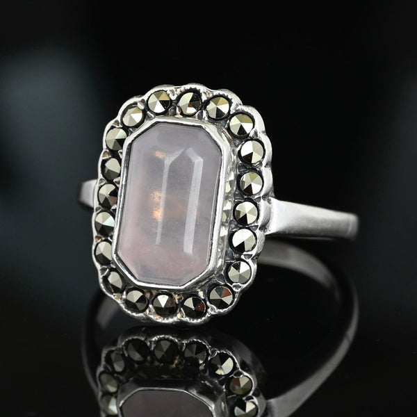 Vintage Sterling Silver Rose Quartz Marcasite Ring - Boylerpf