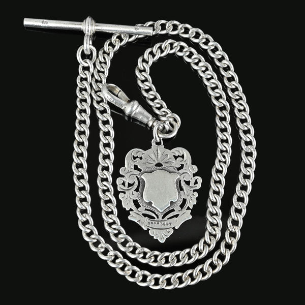 Antique Victorian Albert Silver Watch Chain Necklace and Fob - Boylerpf
