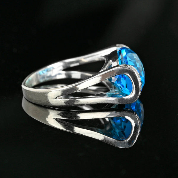 14K White Gold Checkerboard Blue Topaz Diamond East West Ring - Boylerpf