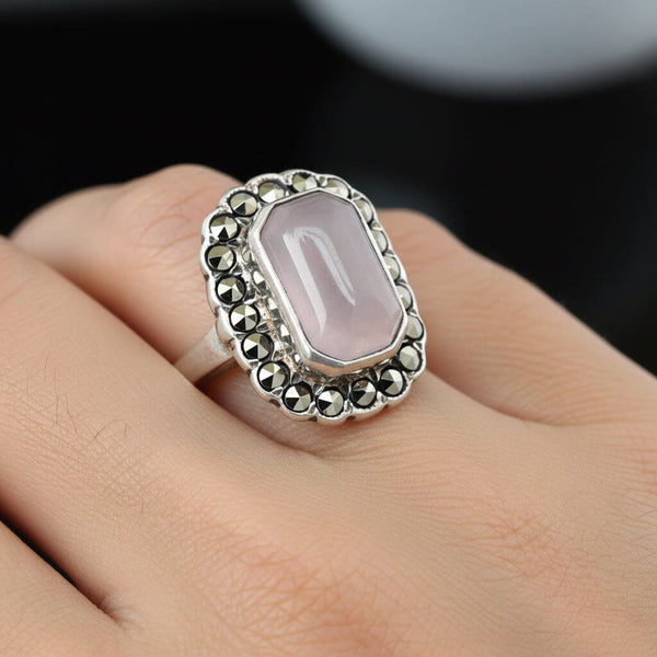 Vintage Sterling Silver Rose Quartz Marcasite Ring - Boylerpf