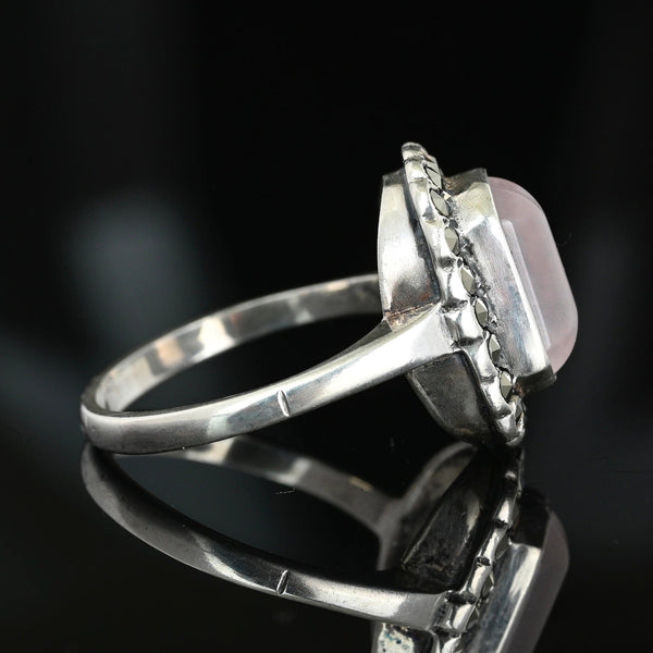 Vintage Sterling Silver Rose Quartz Marcasite Ring - Boylerpf