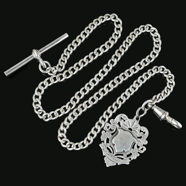 Antique Victorian Albert Silver Watch Chain Necklace and Fob - Boylerpf