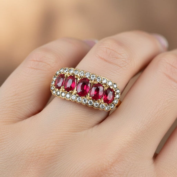 Antique Gold Rose Cut Diamond Halo Five Stone Garnet Ring