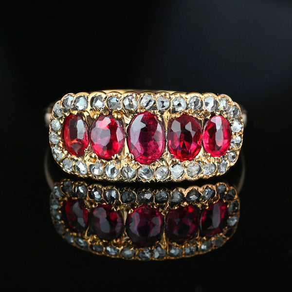 Antique Gold Rose Cut Diamond Halo Five Stone Garnet Ring
