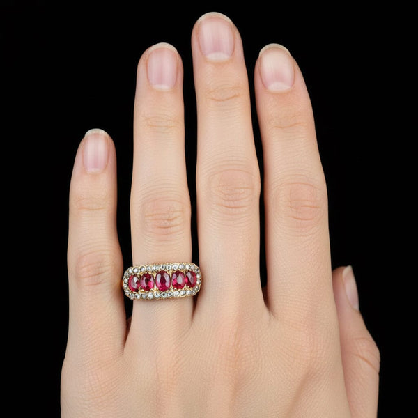 Antique Gold Rose Cut Diamond Halo Five Stone Garnet Ring