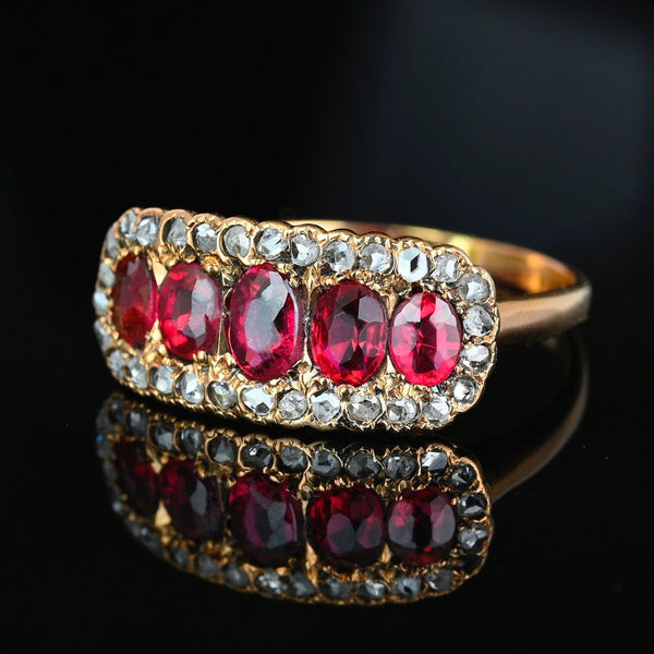 Antique Gold Rose Cut Diamond Halo Five Stone Garnet Ring