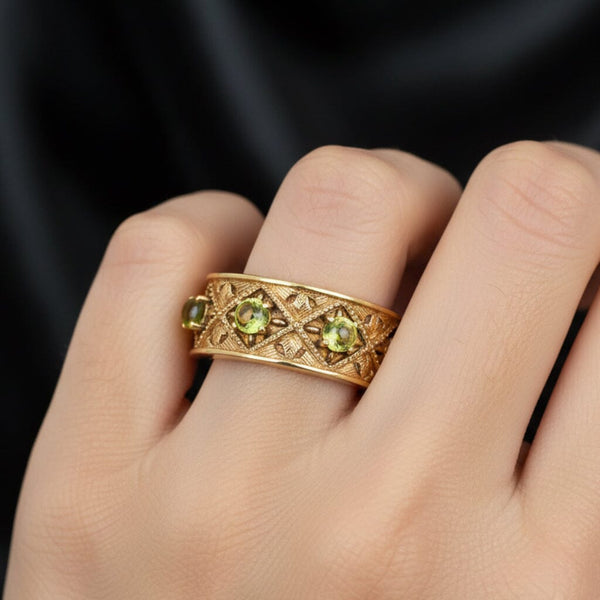 Vintage 14K Gold Wide Band Peridot Ring Three Stone - Boylerpf
