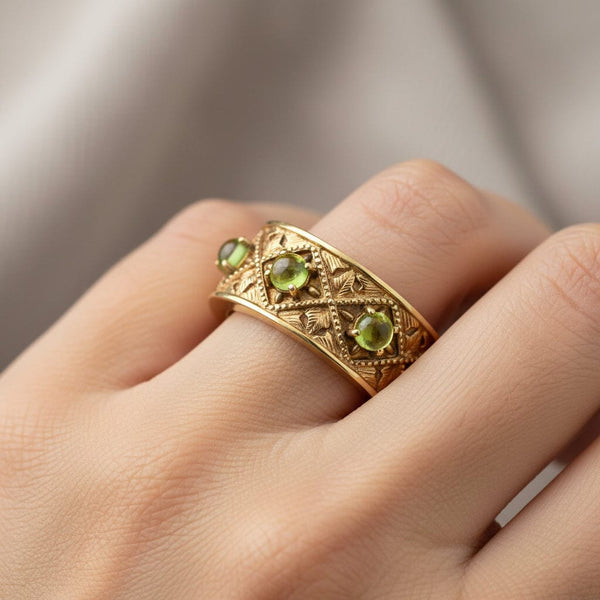 Vintage 14K Gold Wide Band Peridot Ring Three Stone - Boylerpf