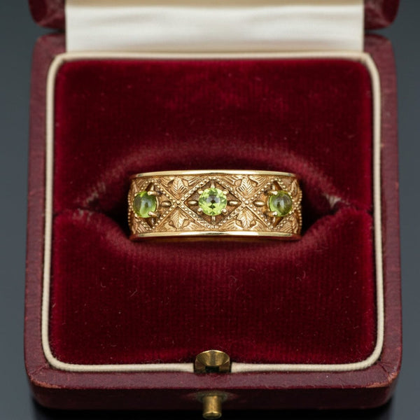 Vintage 14K Gold Wide Band Peridot Ring Three Stone - Boylerpf