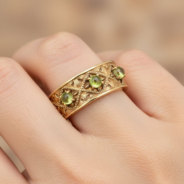 Vintage 14K Gold Wide Band Peridot Ring Three Stone - Boylerpf