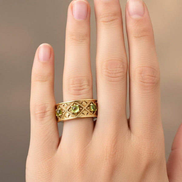 Vintage 14K Gold Wide Band Peridot Ring Three Stone - Boylerpf