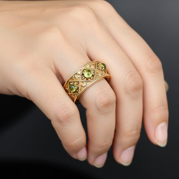 Vintage 14K Gold Wide Band Peridot Ring Three Stone - Boylerpf