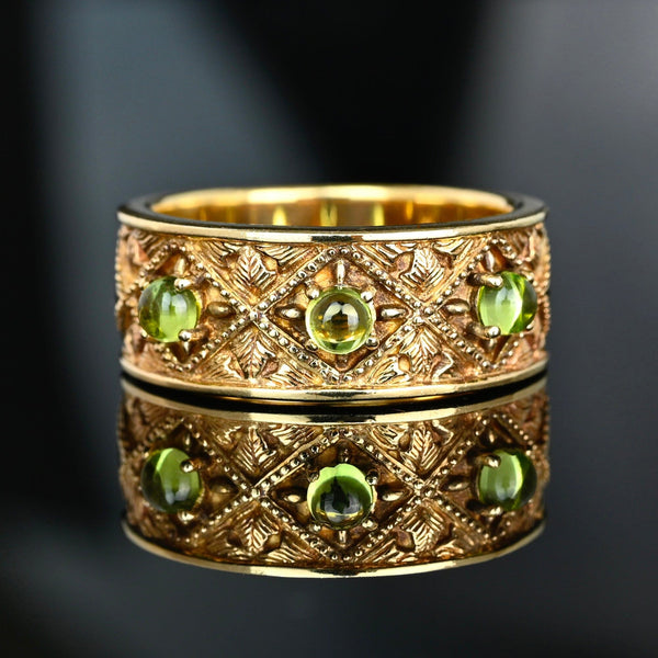 Vintage 14K Gold Wide Band Peridot Ring Three Stone - Boylerpf