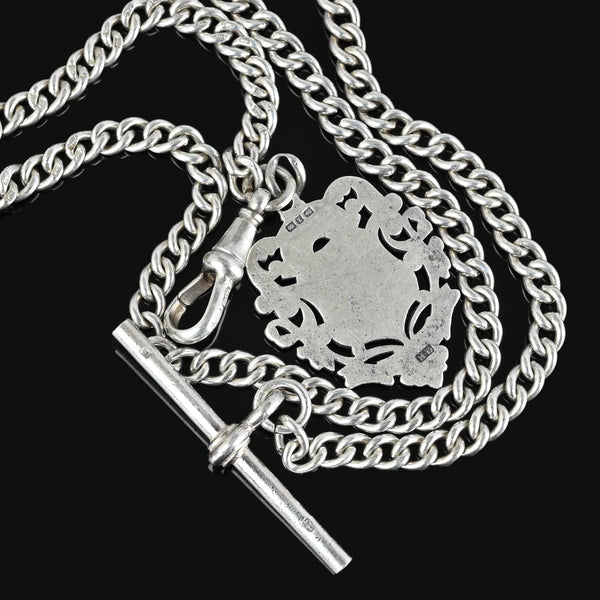 Antique Victorian Albert Silver Watch Chain Necklace and Fob - Boylerpf