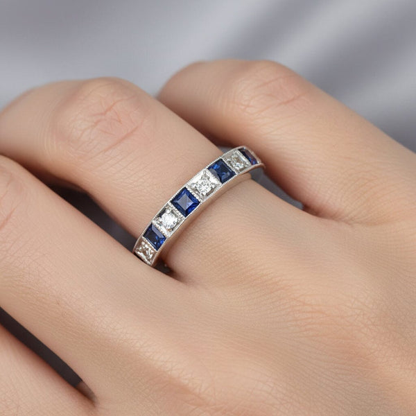 Vintage Sapphire Diamond Band Ring in 18K White Gold