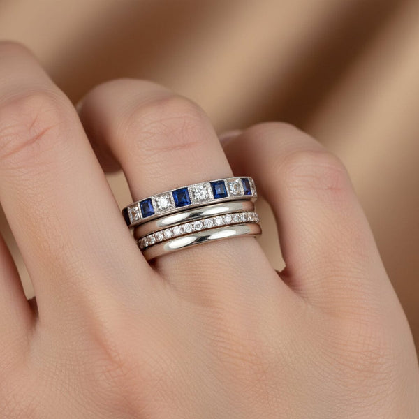 Vintage Sapphire Diamond Band Ring in 18K White Gold