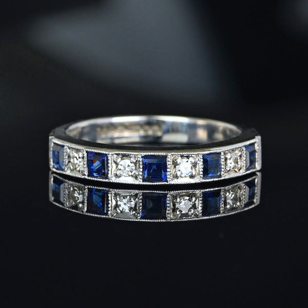 Vintage Sapphire Diamond Band Ring in 18K White Gold