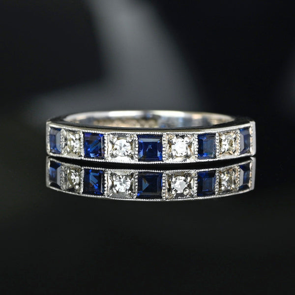 Vintage Sapphire Diamond Band Ring in 18K White Gold
