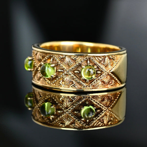 Vintage 14K Gold Wide Band Peridot Ring Three Stone - Boylerpf
