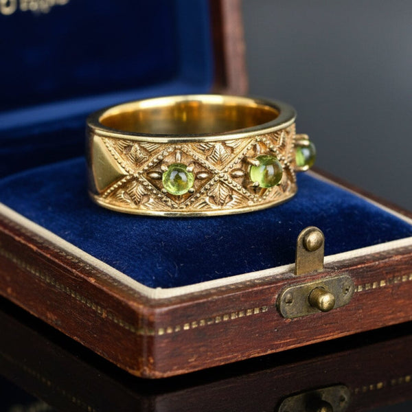 Vintage 14K Gold Wide Band Peridot Ring Three Stone - Boylerpf