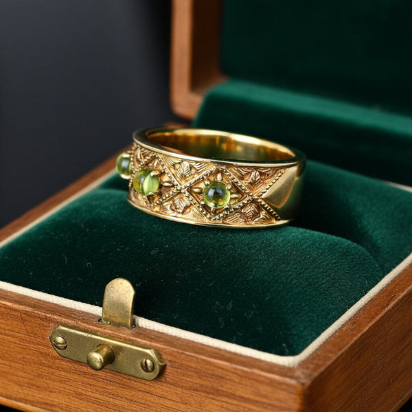 Vintage 14K Gold Wide Band Peridot Ring Three Stone - Boylerpf