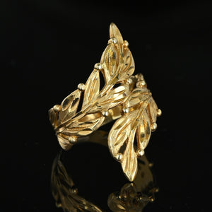 Vintage Large Solid 14K Gold Carved Leaf Bypass Ring - Boylerpf