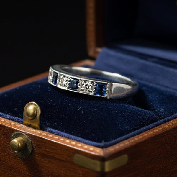 Vintage Sapphire Diamond Band Ring in 18K White Gold