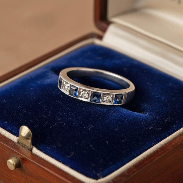 Vintage Sapphire Diamond Band Ring in 18K White Gold