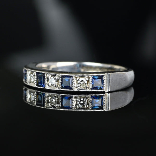 Vintage Sapphire Diamond Band Ring in 18K White Gold