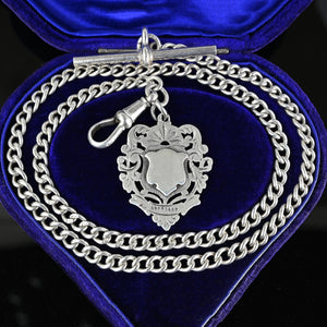 Antique Victorian Albert Silver Watch Chain Necklace and Fob - Boylerpf