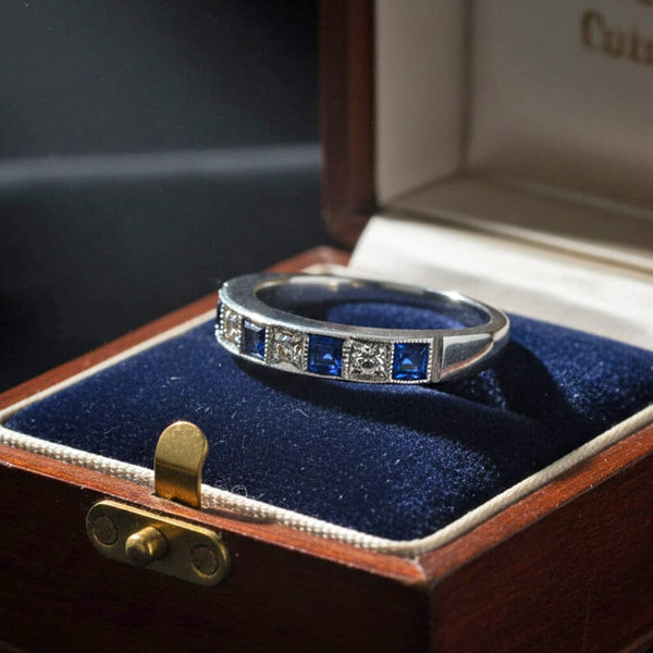 Vintage Sapphire Diamond Band Ring in 18K White Gold