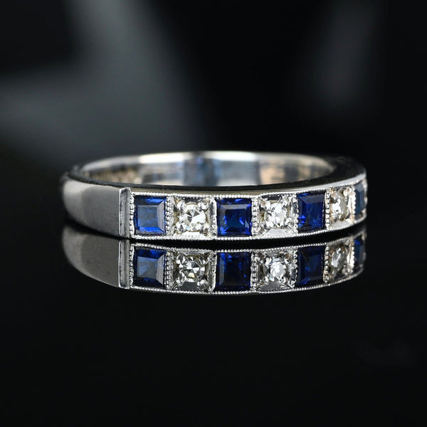 Vintage Sapphire Diamond Band Ring in 18K White Gold