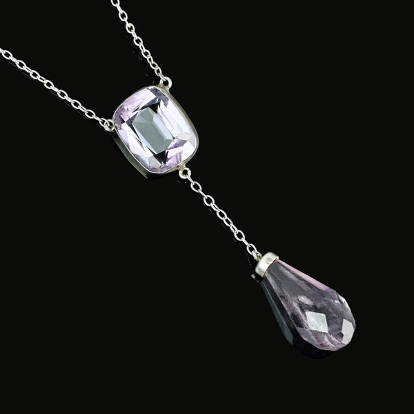 Art Deco Silver Amethyst Dangle Pendant Necklace - Boylerpf