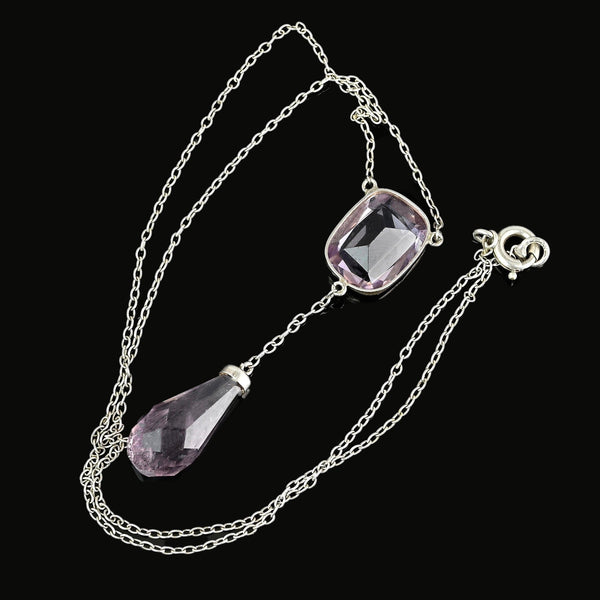Art Deco Silver Amethyst Dangle Pendant Necklace - Boylerpf