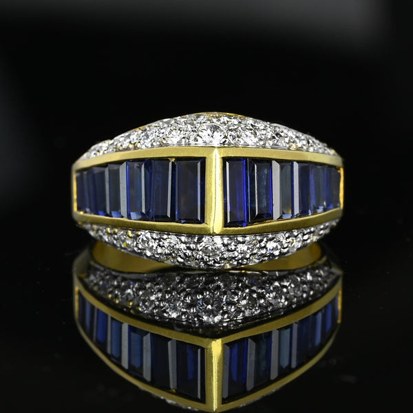 18K Gold Diamond Cluster Baguette Sapphire Ring