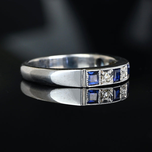 Vintage Sapphire Diamond Band Ring in 18K White Gold