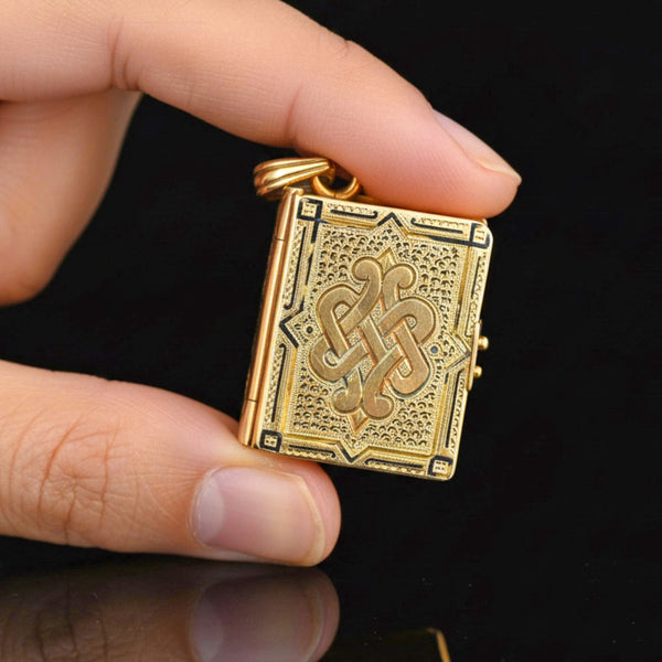 Victorian 14K Gold Black Enamel Celtic Knot Folding Locket - Boylerpf