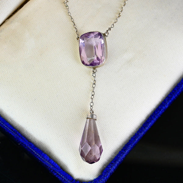 Art Deco Silver Amethyst Dangle Pendant Necklace - Boylerpf