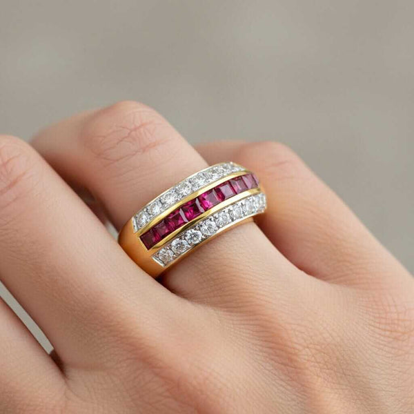 Vintage Ruby Diamond Band 18K Gold Wedding Stacking Ring - Boylerpf