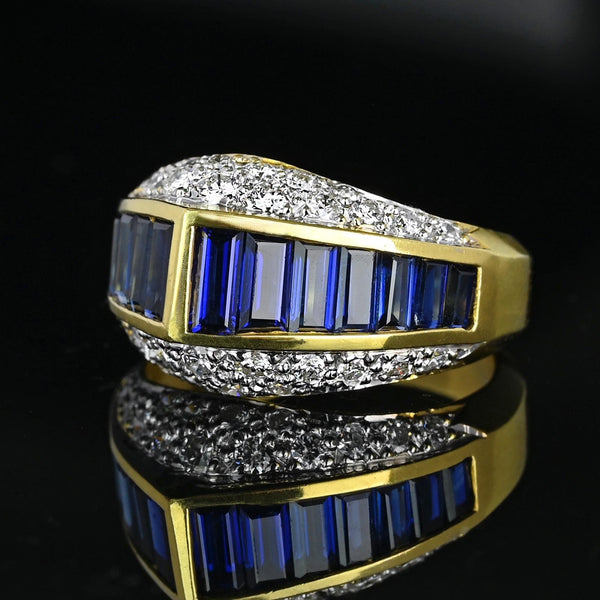 18K Gold Diamond Cluster Baguette Sapphire Ring